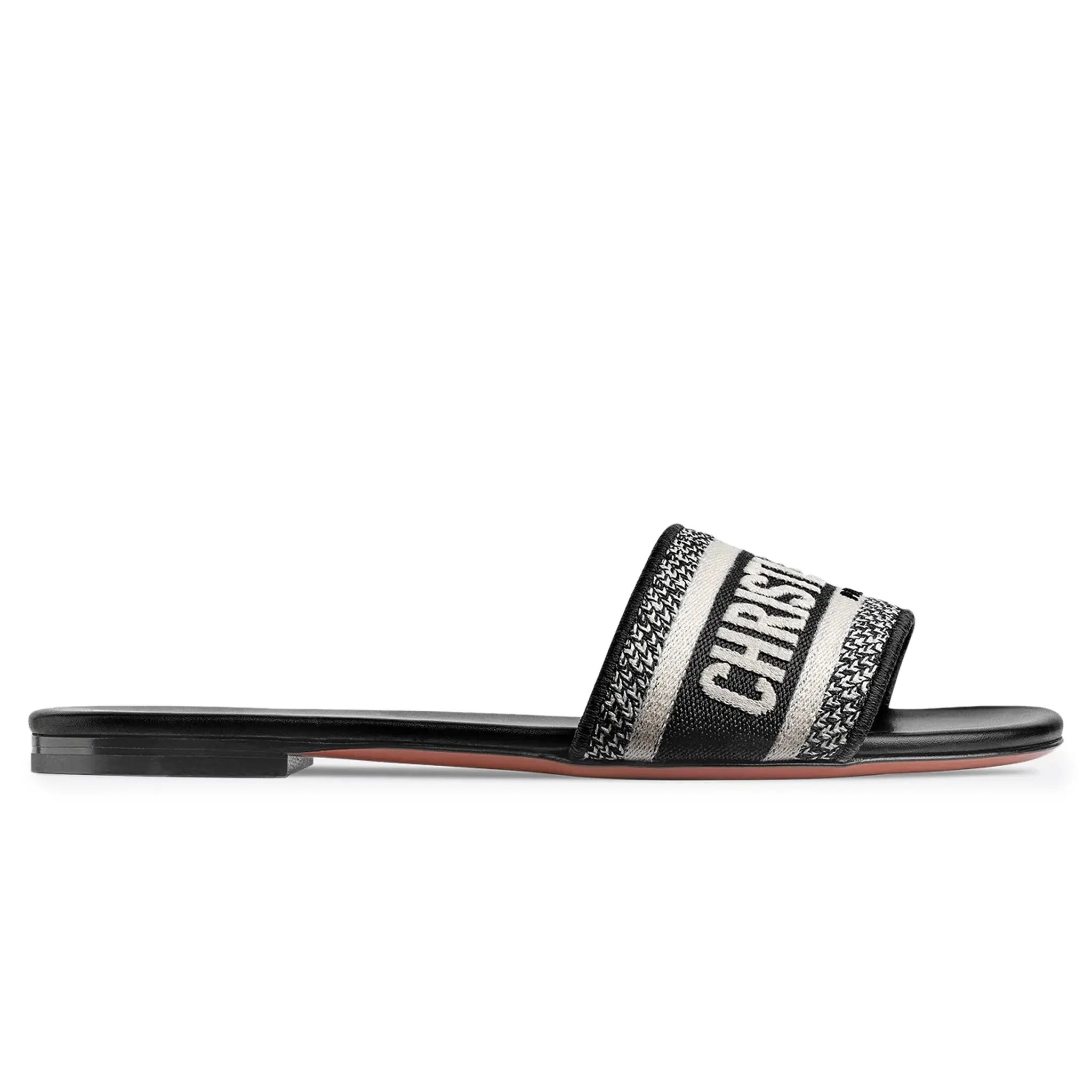 Side View of Dior Dway Embroidered Cotton Black White Slides KCQ166ERC_S11X
